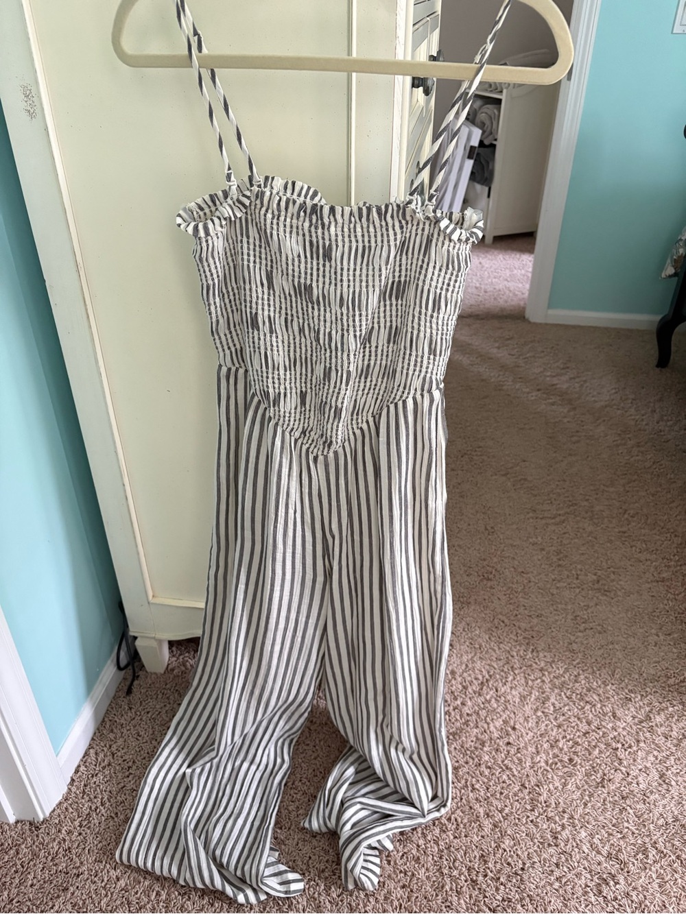 American Eagle Striped Smocked Jumpsuit with Thin Straps - White & Gray